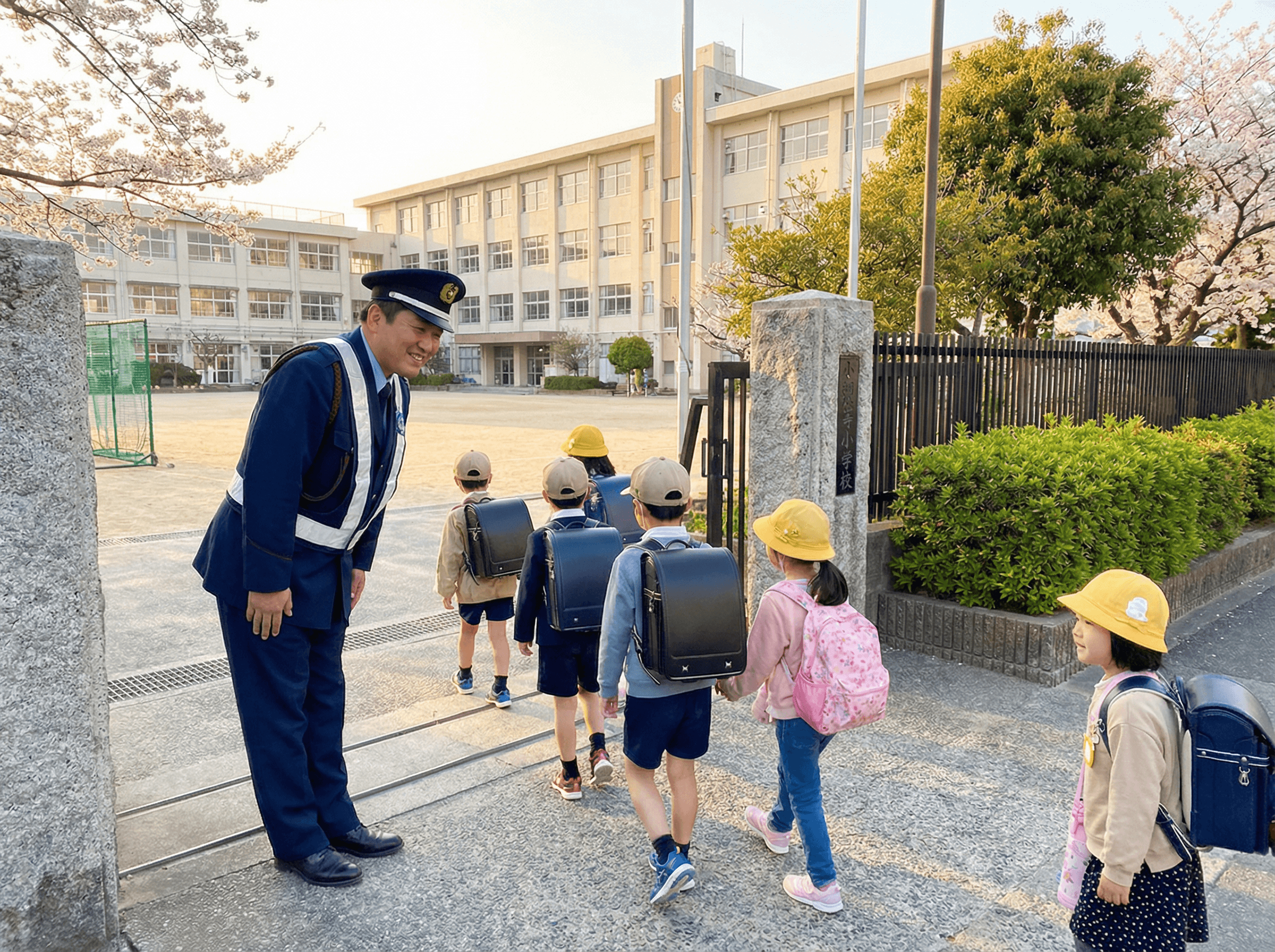 校門で子供たちに挨拶をする警備員