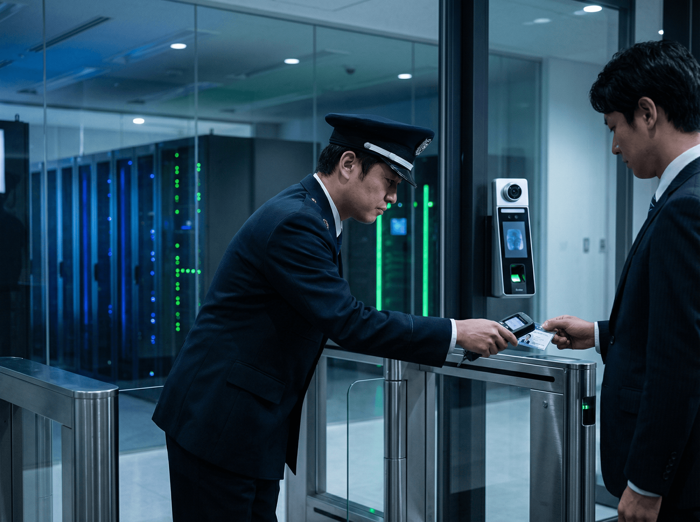 サーバールーム前でIDチェックを行う警備員