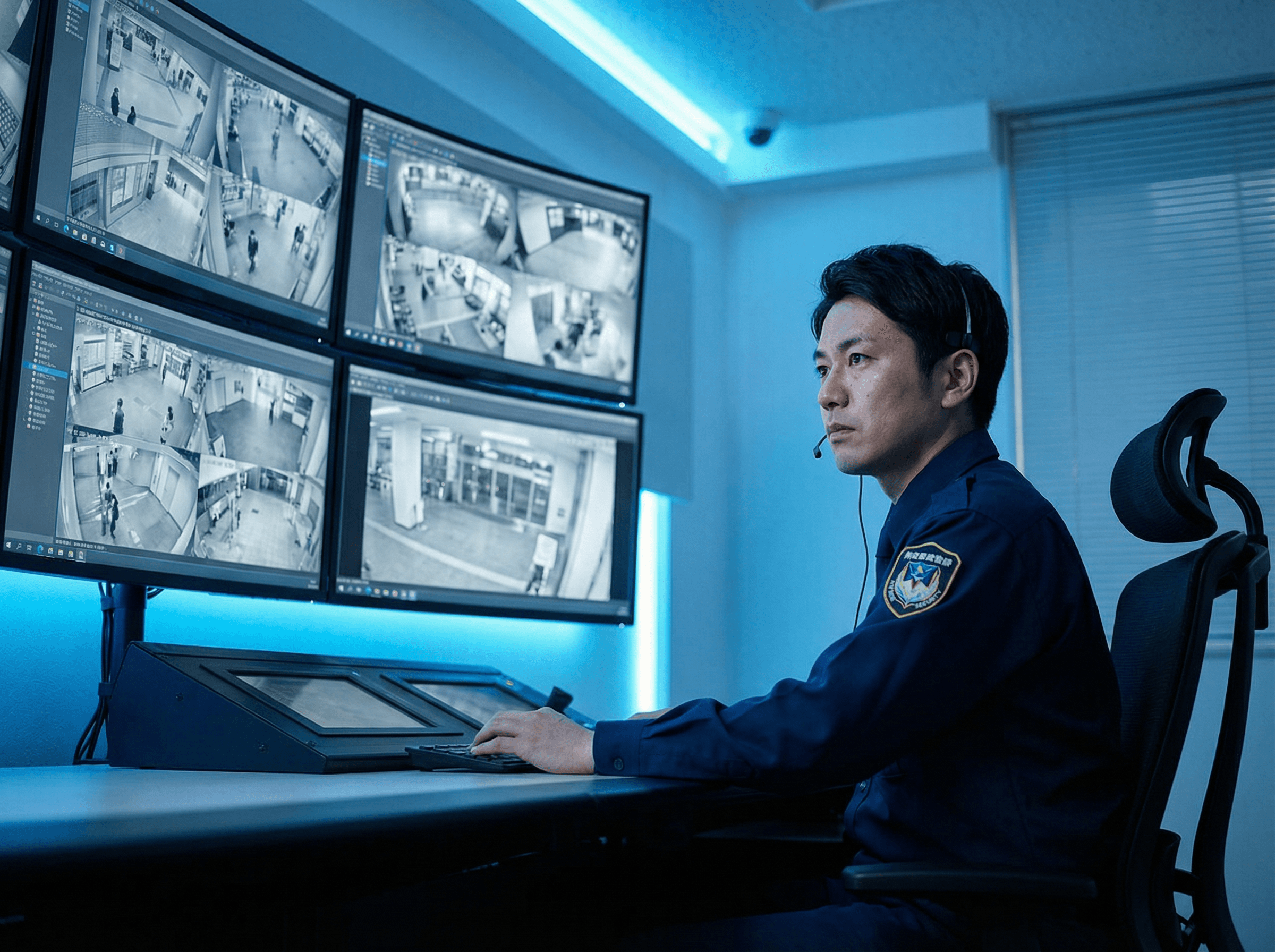 防災センターでモニターを監視する警備員