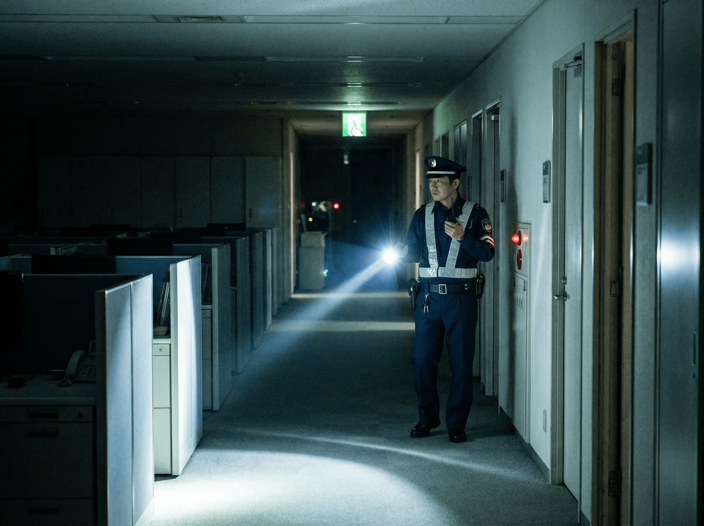 深夜のオフィス廊下を巡回する警備員
