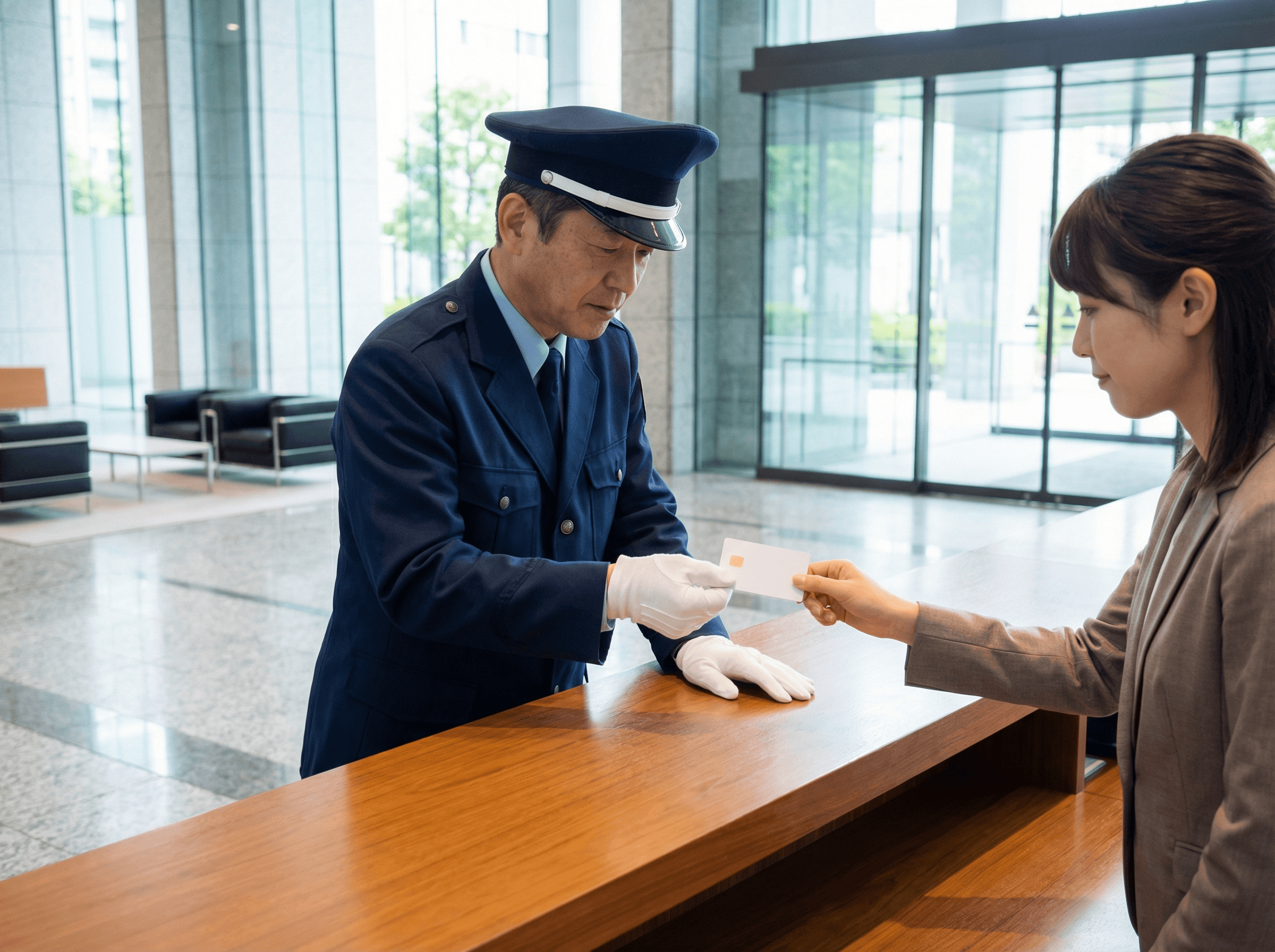 受付でIDカードを手渡す警備員