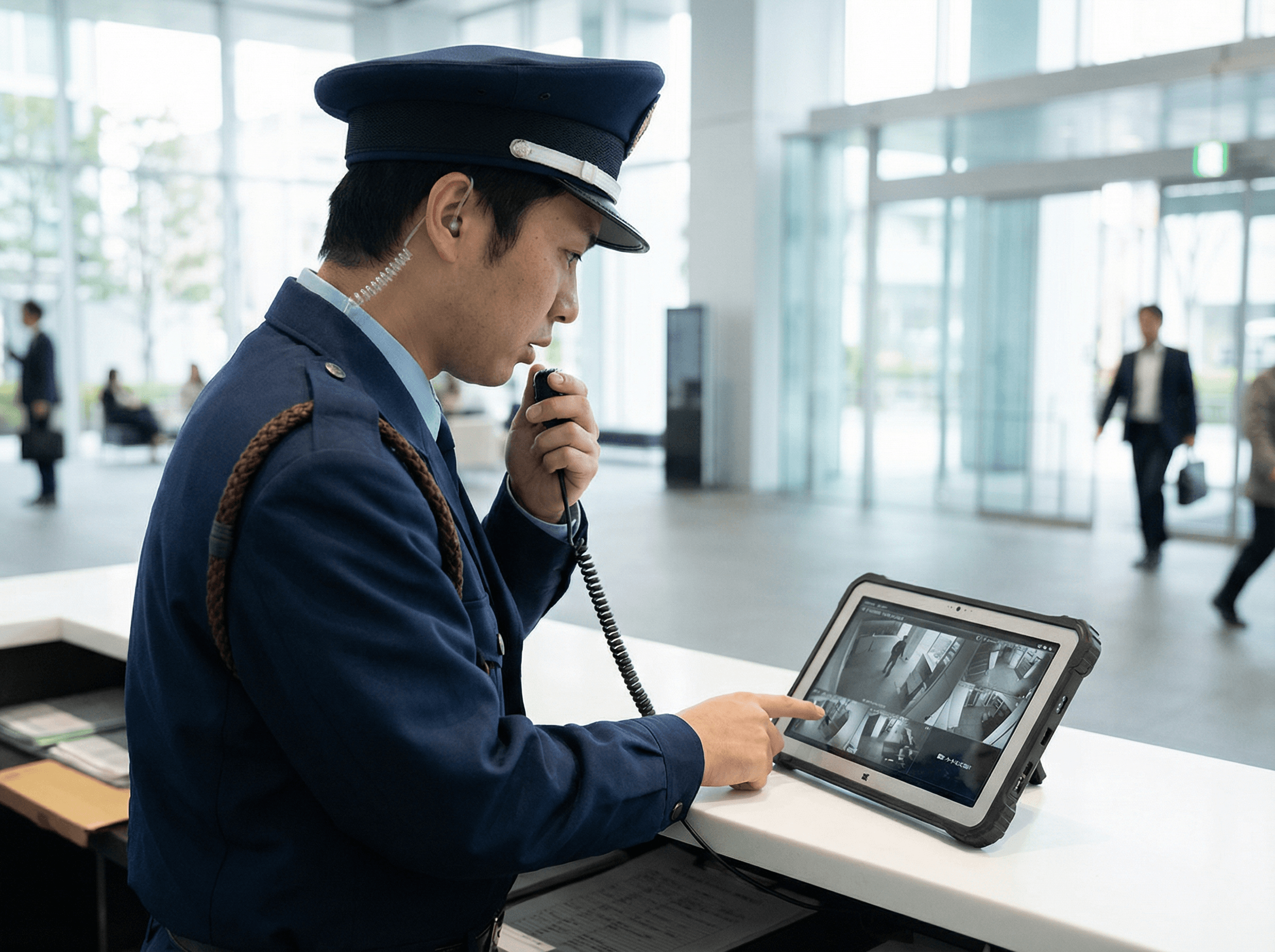 タブレットで映像を確認する警備員