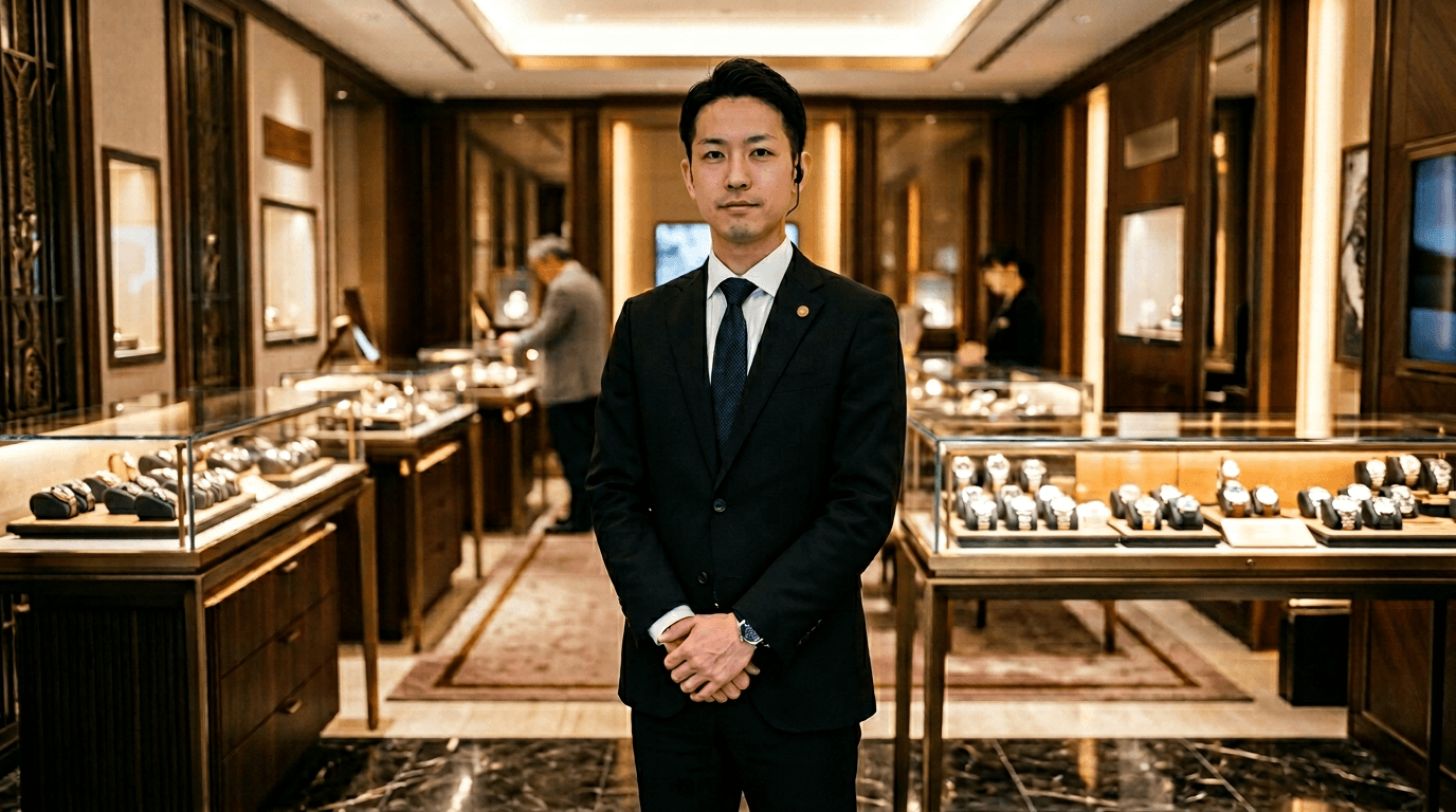 高級時計店内に立つ警備スタッフ