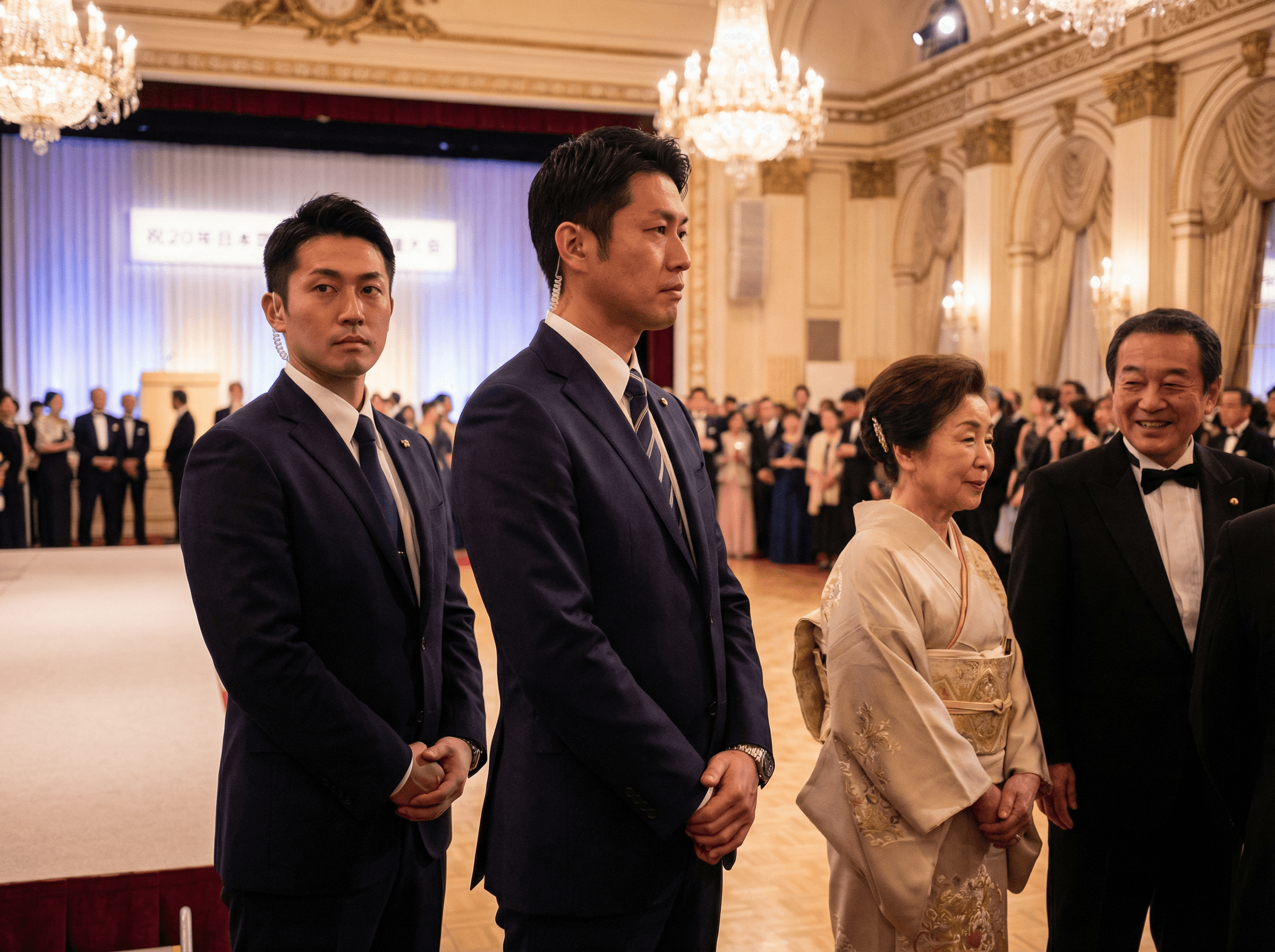 人混みの中を警護員と歩くクライアント